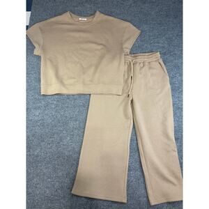 Double Take full size texture round neck top and pants suit Womens M Tan Brown